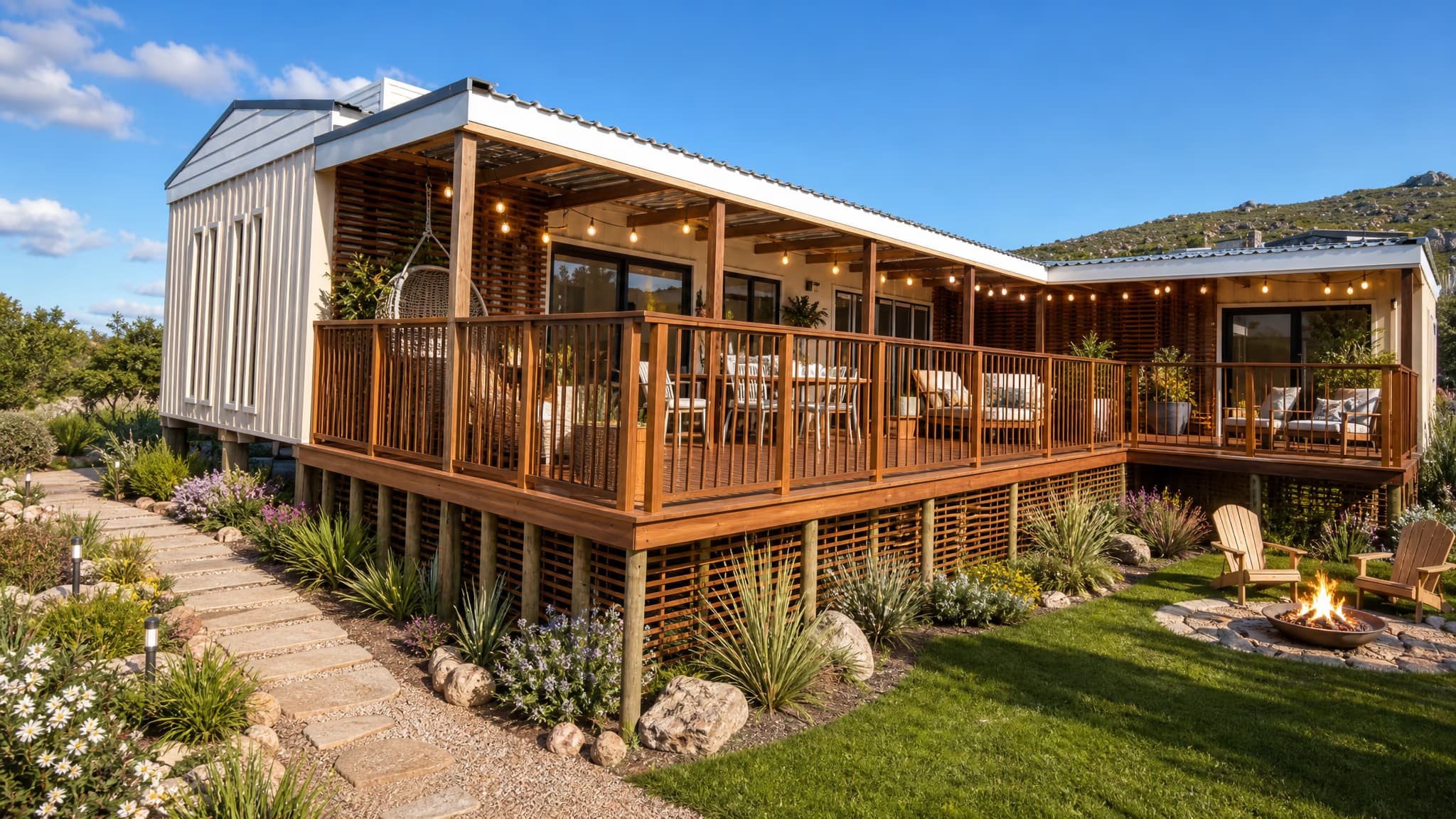 The Big L's wraparound deck with string lights and a fire pit