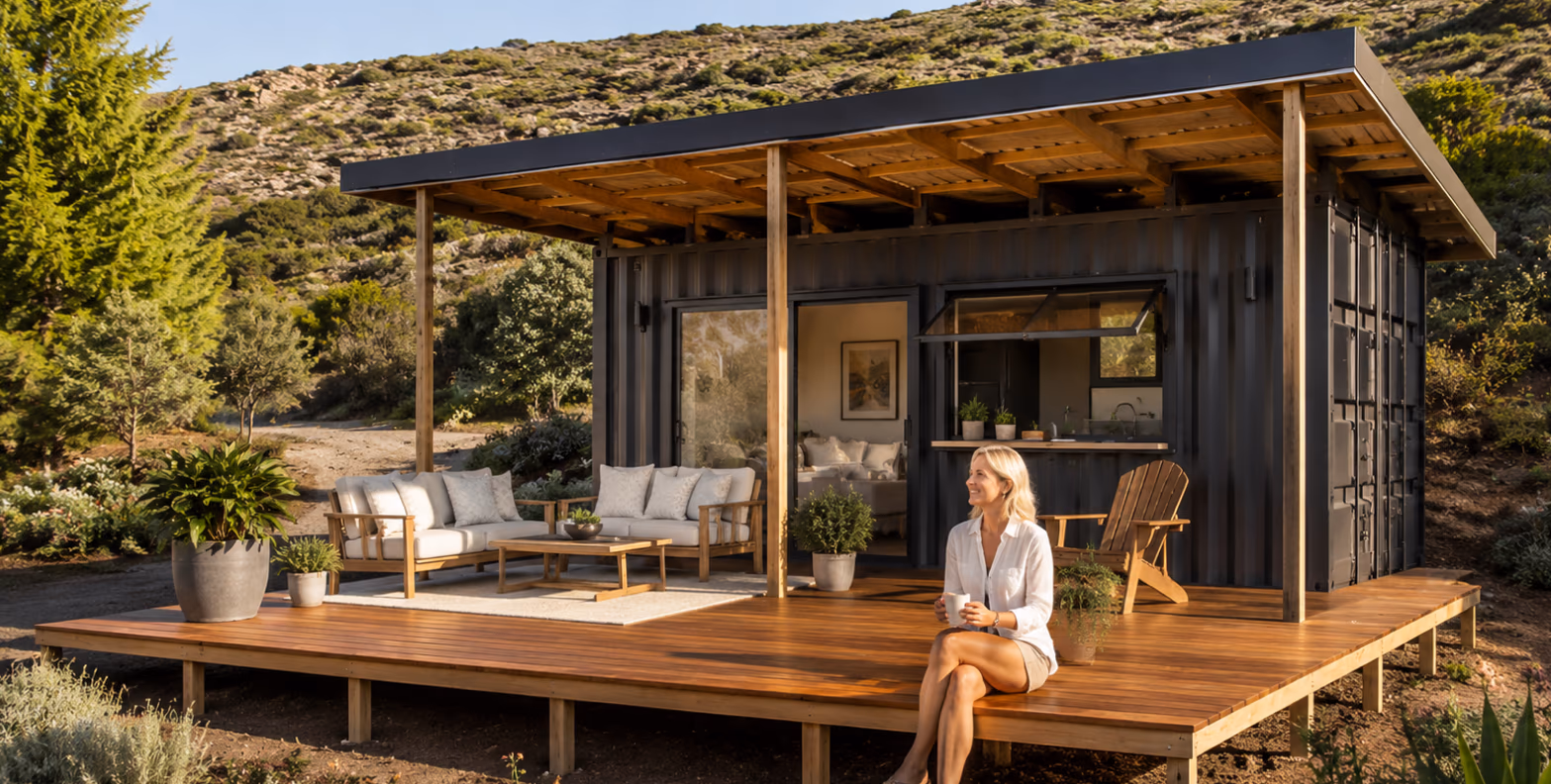 Styled render of The Tiny with its covered deck at golden hour