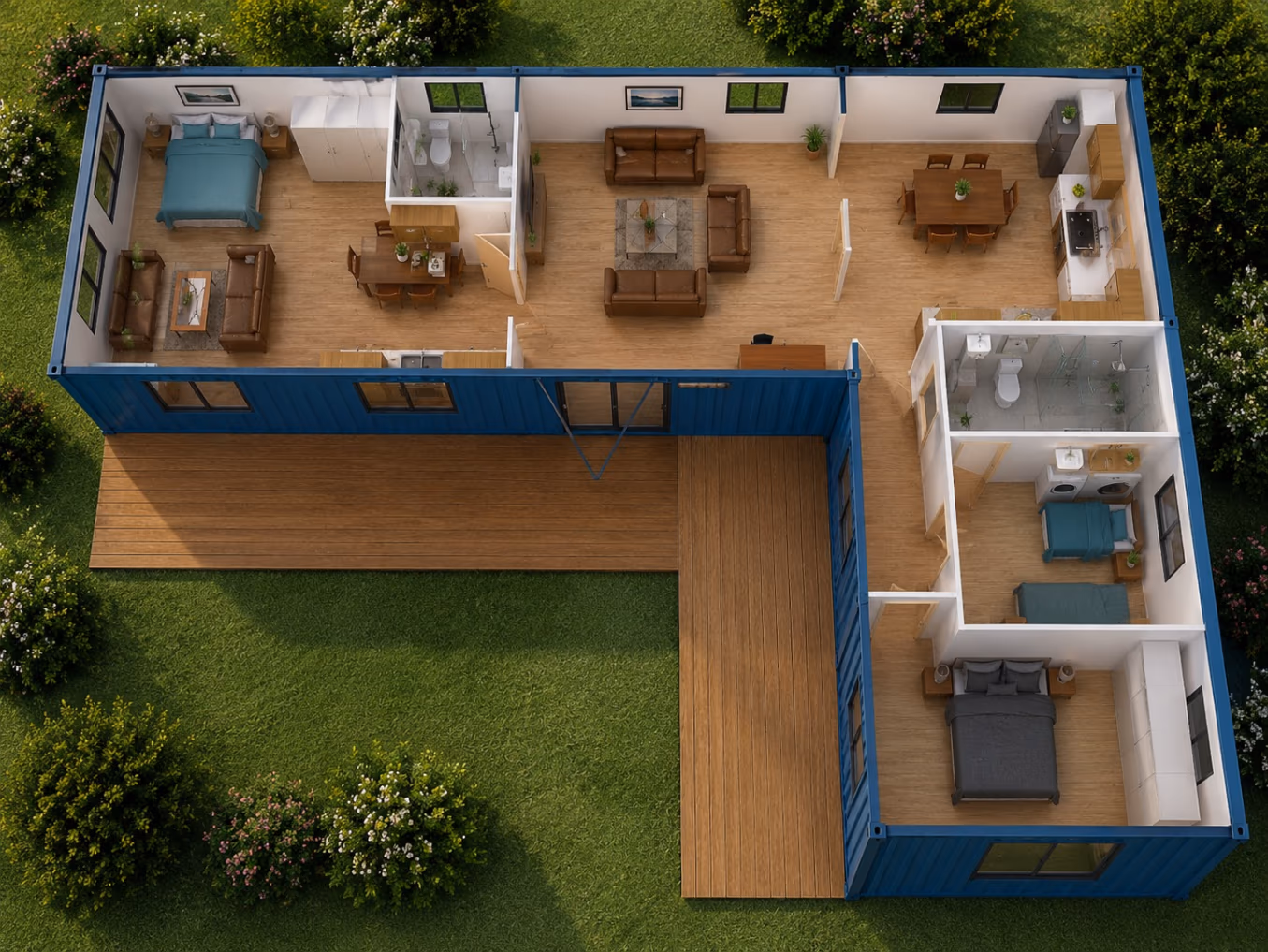 An aerial 3D floor plan of a three-bedroom, two-bathroom design with an L-shaped deck, every room agreed before work starts