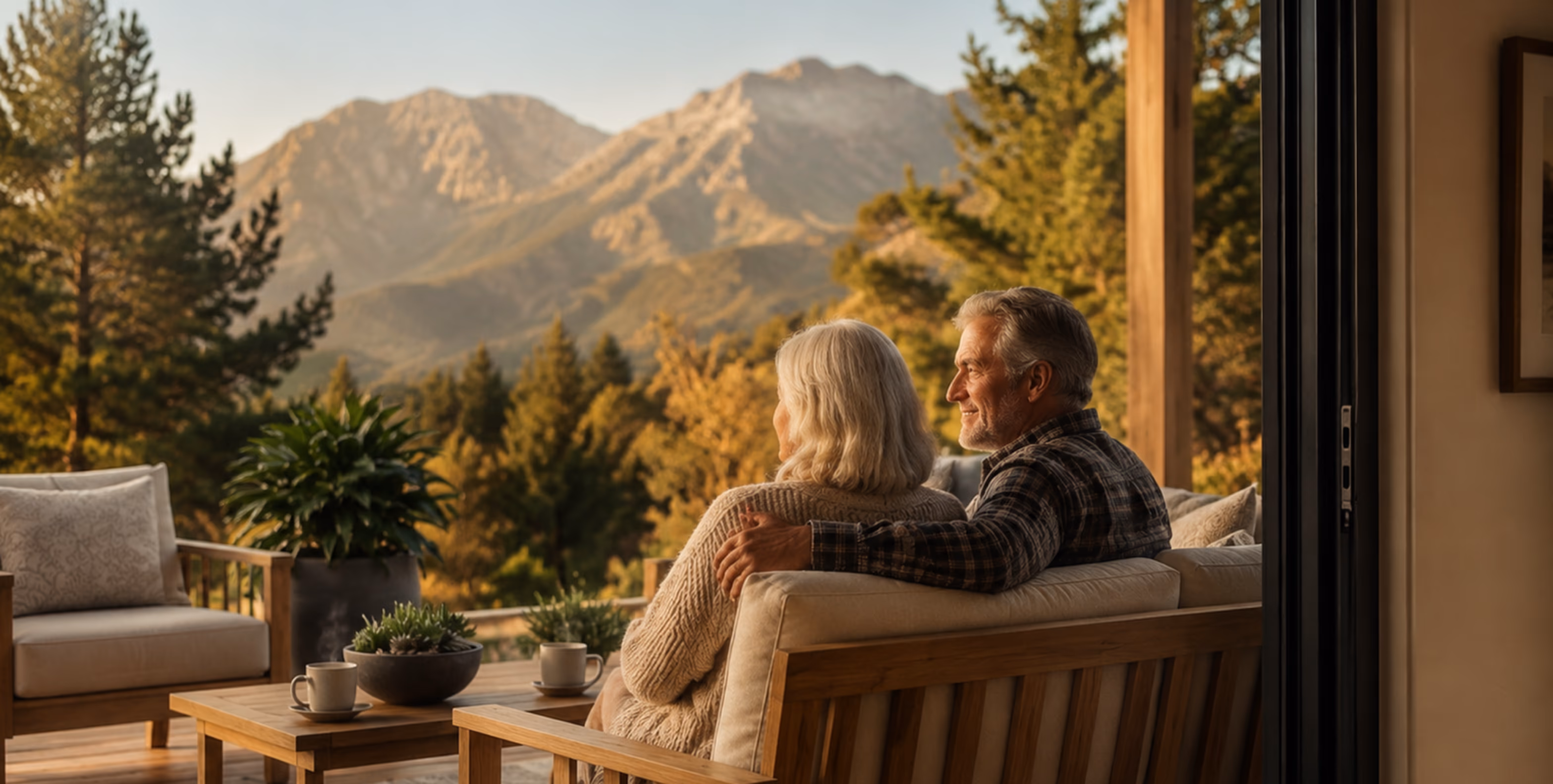 A couple on the deck of their finished home, looking at the view