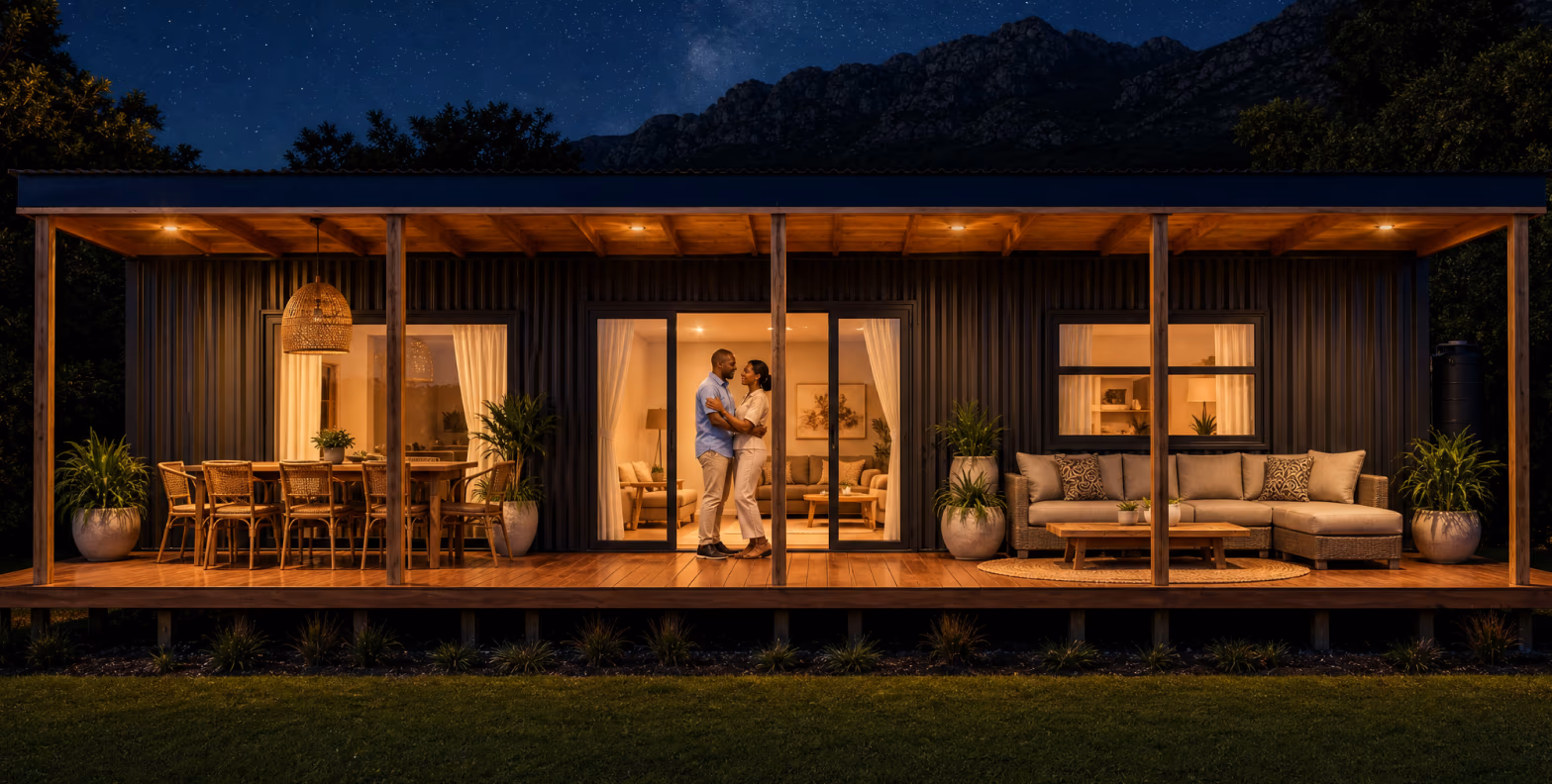 A finished container home glowing warmly at night