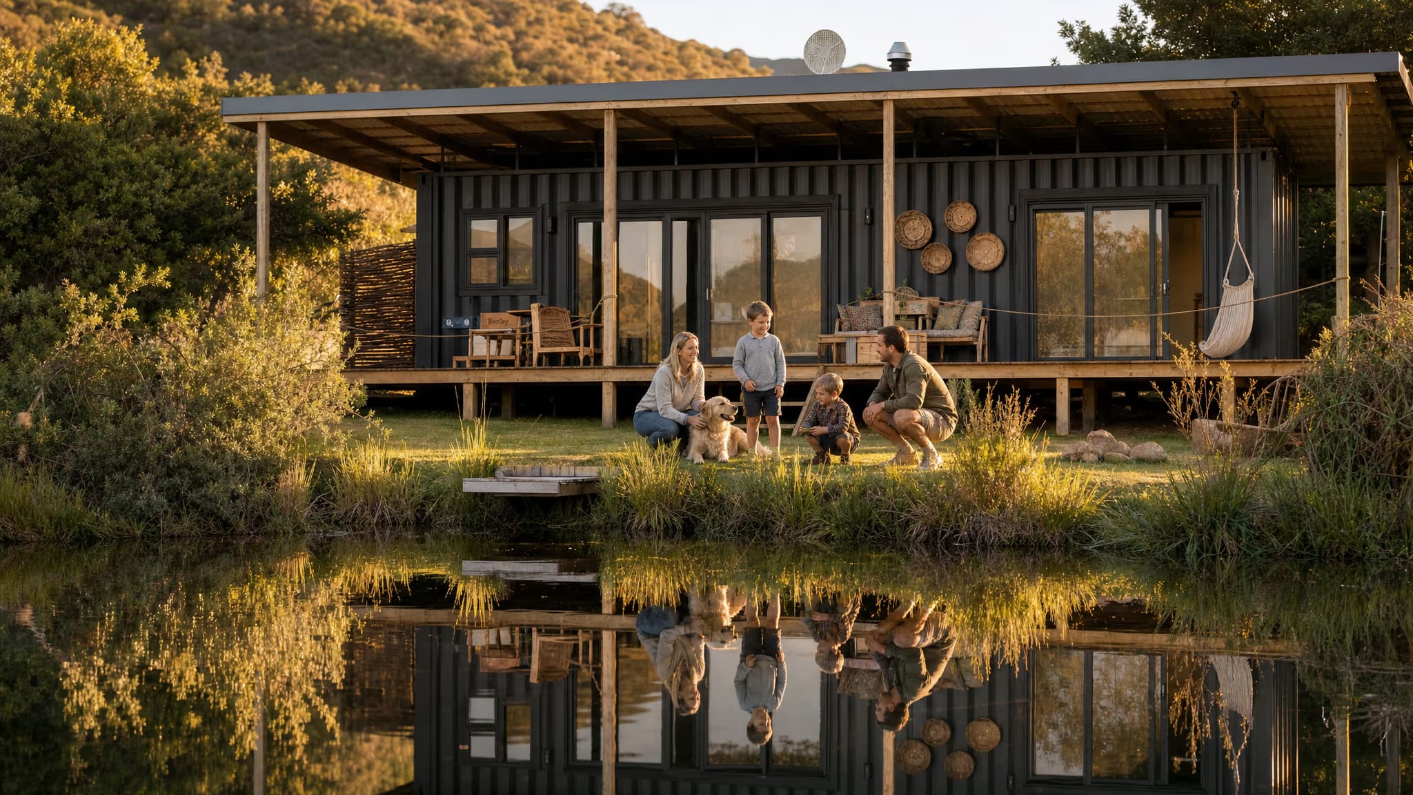 A family with their dog at the water's edge in front of their finished home at golden hour