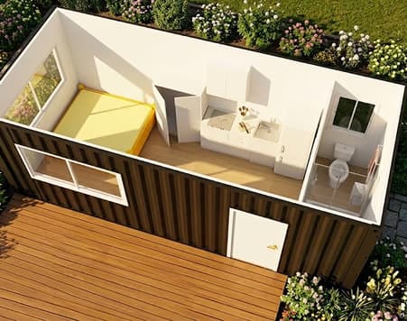 Cutaway 3D floor plan of The Tiny's studio layout